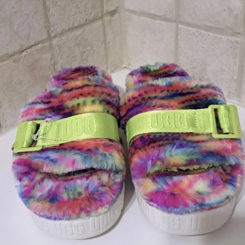 UGG Fuzzy Rainbow Platform Slides Shoes Size 7